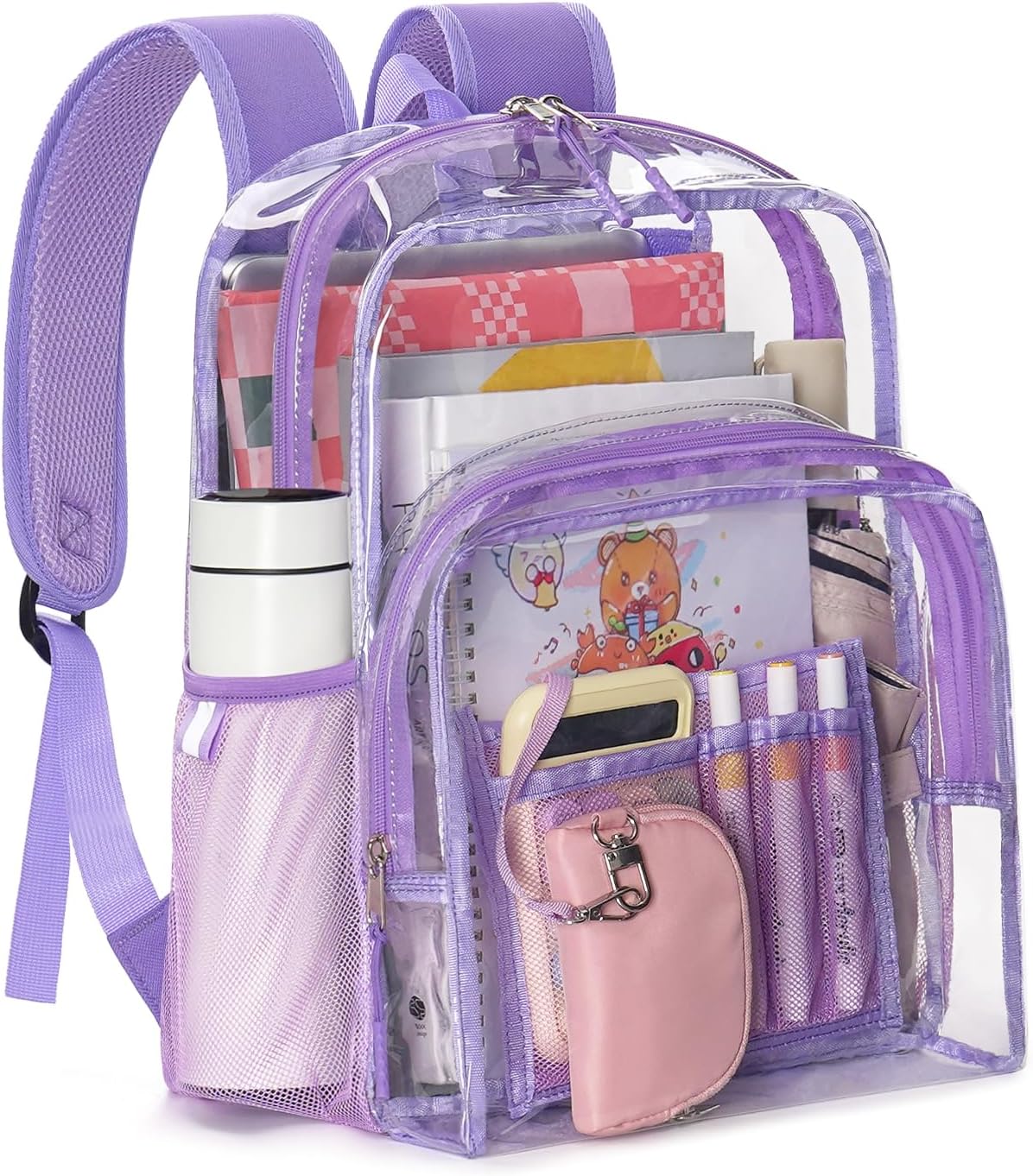 Clear Backpack for School, 17 inch Large Heavy Duty-TPU See Through Bookbag for Boys Girls and Adult, Transparent Backpack With Multi-Pockets for College Work Gym Sport, Light Purple