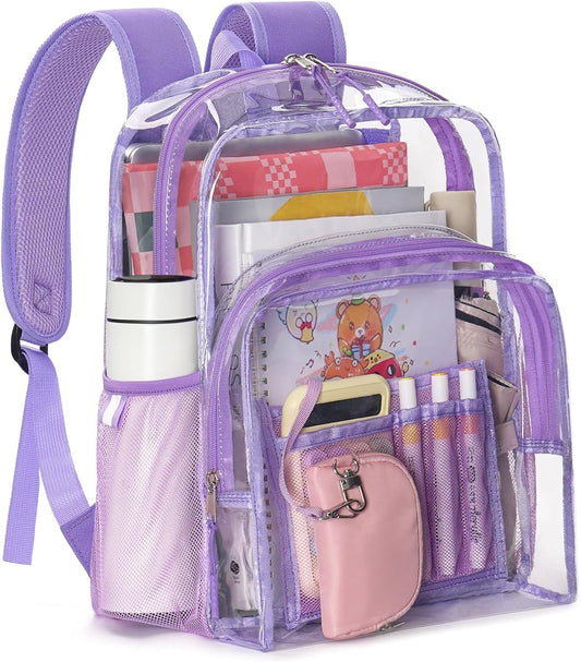 Clear Backpack for School, 17 inch Large Heavy Duty-TPU See Through Bookbag for Boys Girls and Adult, Transparent Backpack With Multi-Pockets for College Work Gym Sport, Light Purple