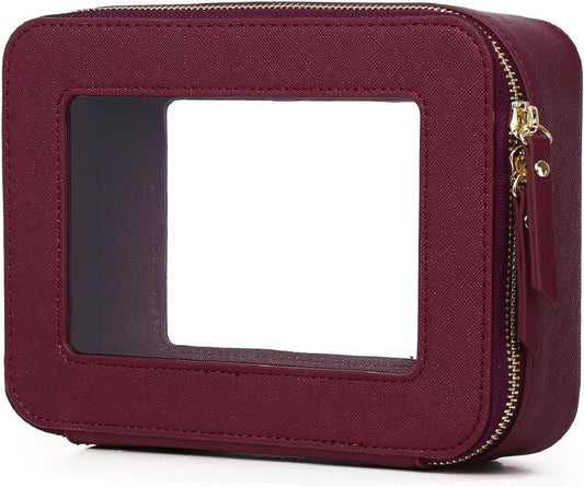Clear Makeup Bag Women's Waterproof Travel Cosmetic Case and Toiletry Bag Portable Makeup Organizer Bag for Car with Zipper (Burgundy, M)