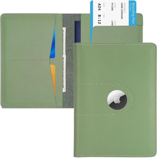 Genuine Leather Passport Holder for Travel Passport Covers with AirTag Slot Passport Wallets for Men Women Family Travel Christmas Gifts, Mens Womens Passport Holder, Green