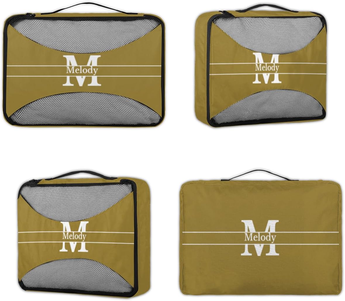 Personalized Compression Packing Cubes with Name, 4 Set Mesh Travel Organizer Bags for Carry on Women Men Boys, Luggage, Suitcase, Olive Green with Initial Letter