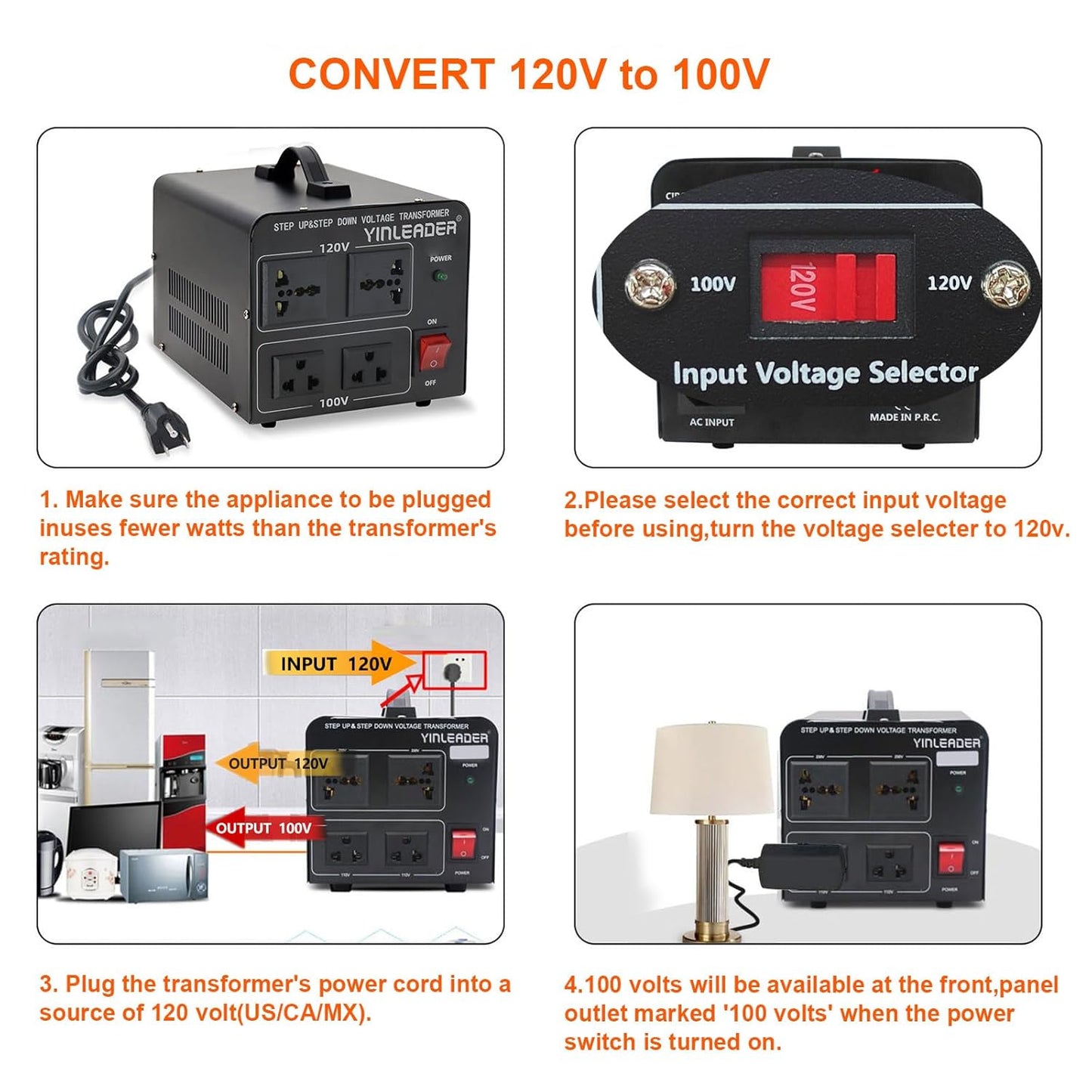 Yinleader 1500W Japanese Voltage Converter - Step Down 120V to 100V or Step Up 100V to 120V, Includes US Power Cord for Medium-Power Appliances