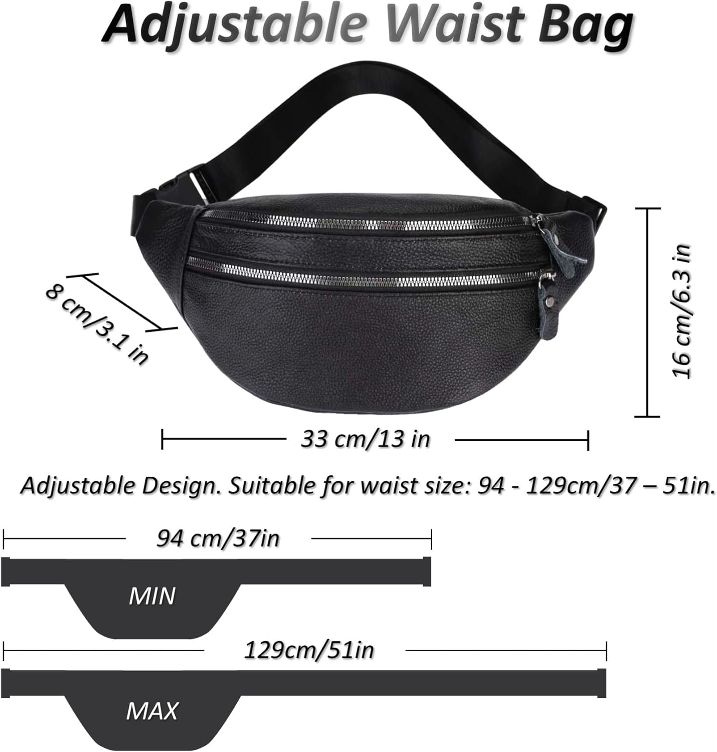 Genuine Leather Waist Bag, Outdoor Travel Waist Pack, Cowhide Leather Fanny Pack with Adjustable Strap, Suitable for Travelling, Outdoor Hiking, Cycling, Running - Black & Large