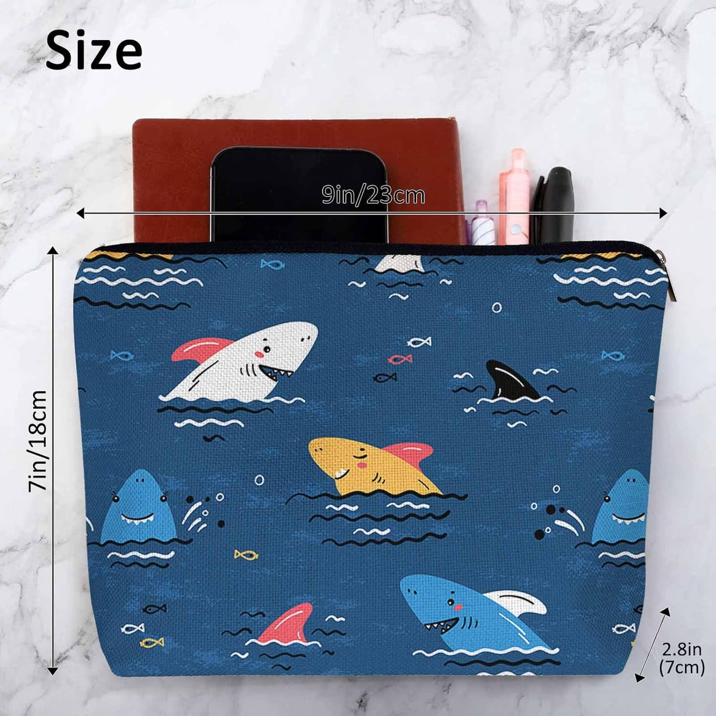 Shark Cosmetic Bags For Women, Cute Ocean Sea Wildlife Sharks Blue Roomy Makeup Bag Toiletry Bag Accessories Organizer Storage Bags Makeup Pouch For Travel Business Gym Camping Bathroom