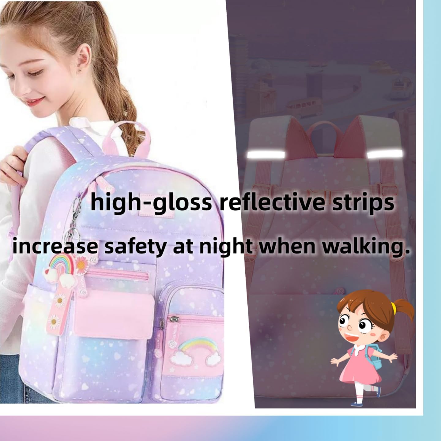 Girls Backpack, School Backpacks Rainbow Student Backpa,Kawaii Kids Backpack,Book Bag for Elementary Primary School