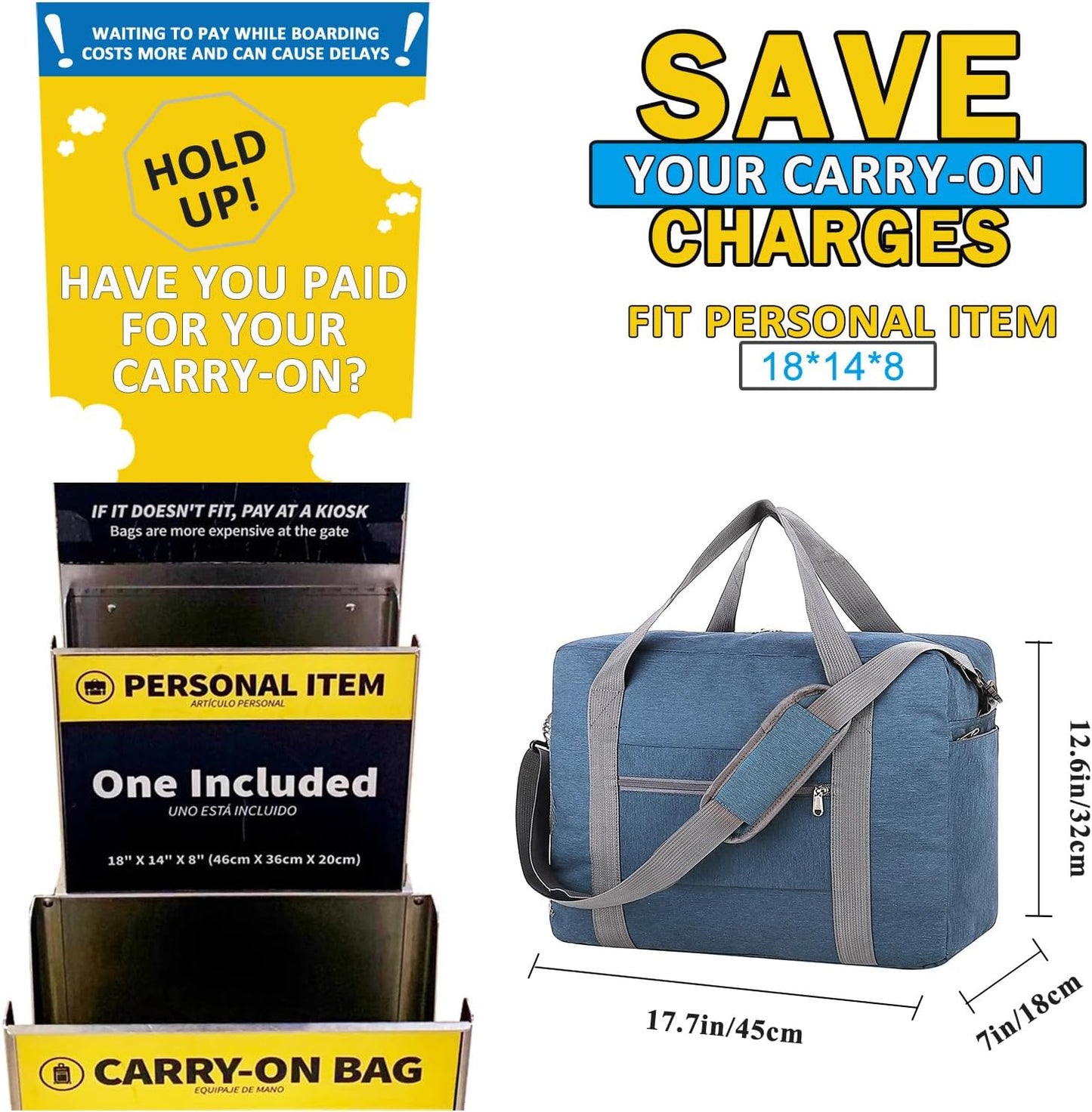 For Spirit Airlines Personal Item Bag 18x14x8 with Wet Pocket Foldable Travel Duffel Bag Underseat Carry on for Men & Women