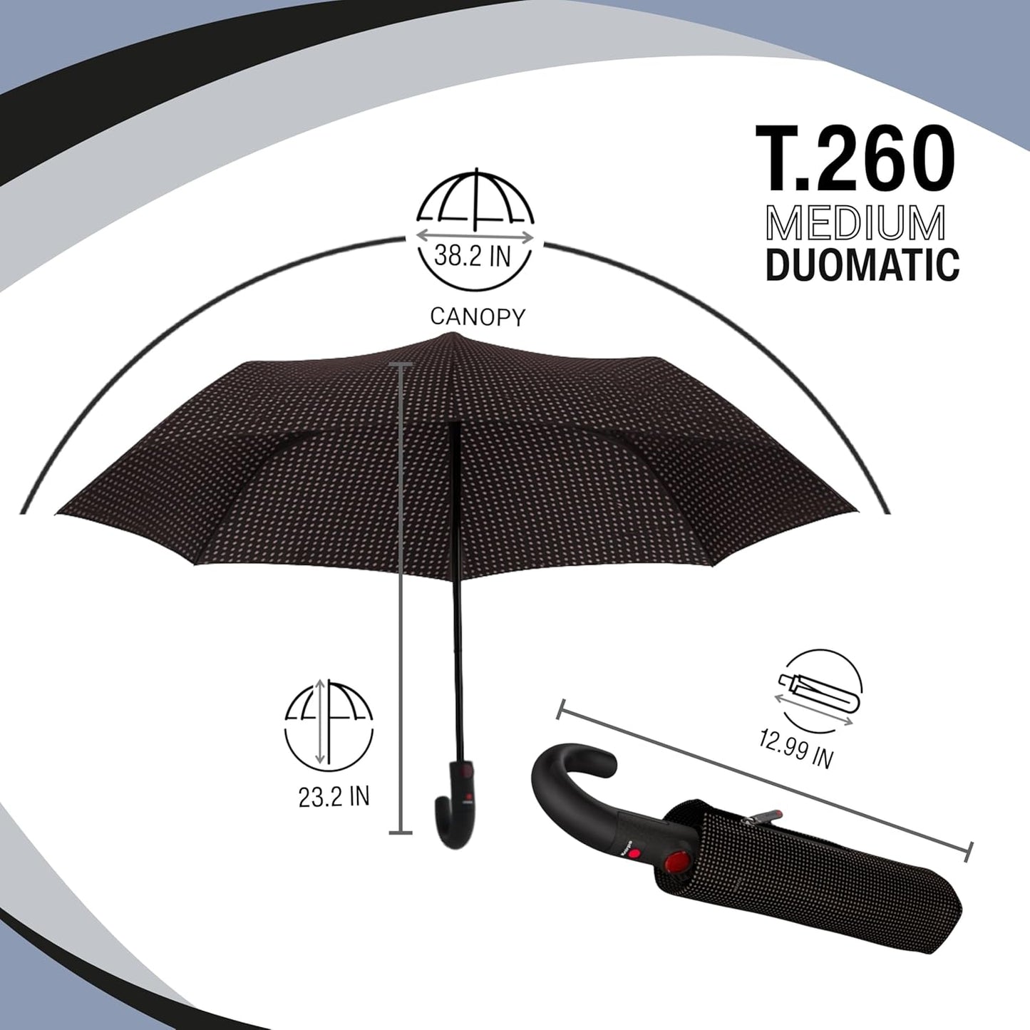 Knirps T.260 Medium Automatic Open Close Rain Umbrella with Curved Handle and Carrying Case - Compact Windproof Travel Umbrellas for Adults, 97cm Diamteter