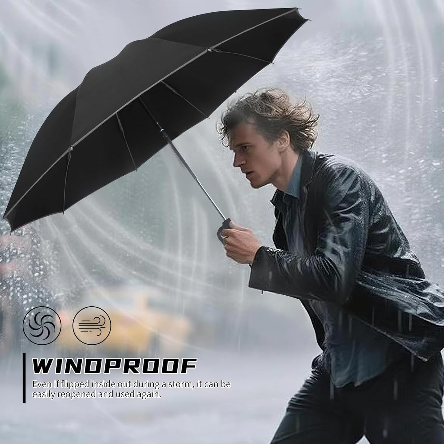 50in Inverted Folding Travel Umbrella – Windproof 10Ribs Upside Down Umbrella with Carabiner Handle, Rain Sun Protection for Women Men (Black)