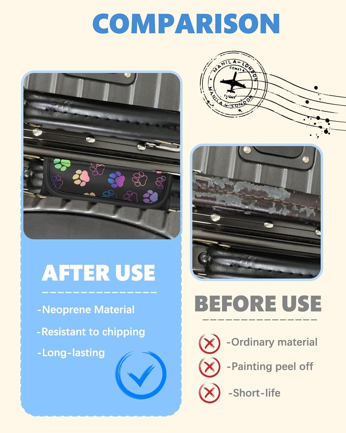 Slohif Luggage Handle Wrap 3Pcs Suitcase Identifier - Bag Strap Cover For Bogg Travel Accessories Easy Identification Bright Marker Sleeve Grips Comfort Neoprene Concealed Tag For Airport, Paw