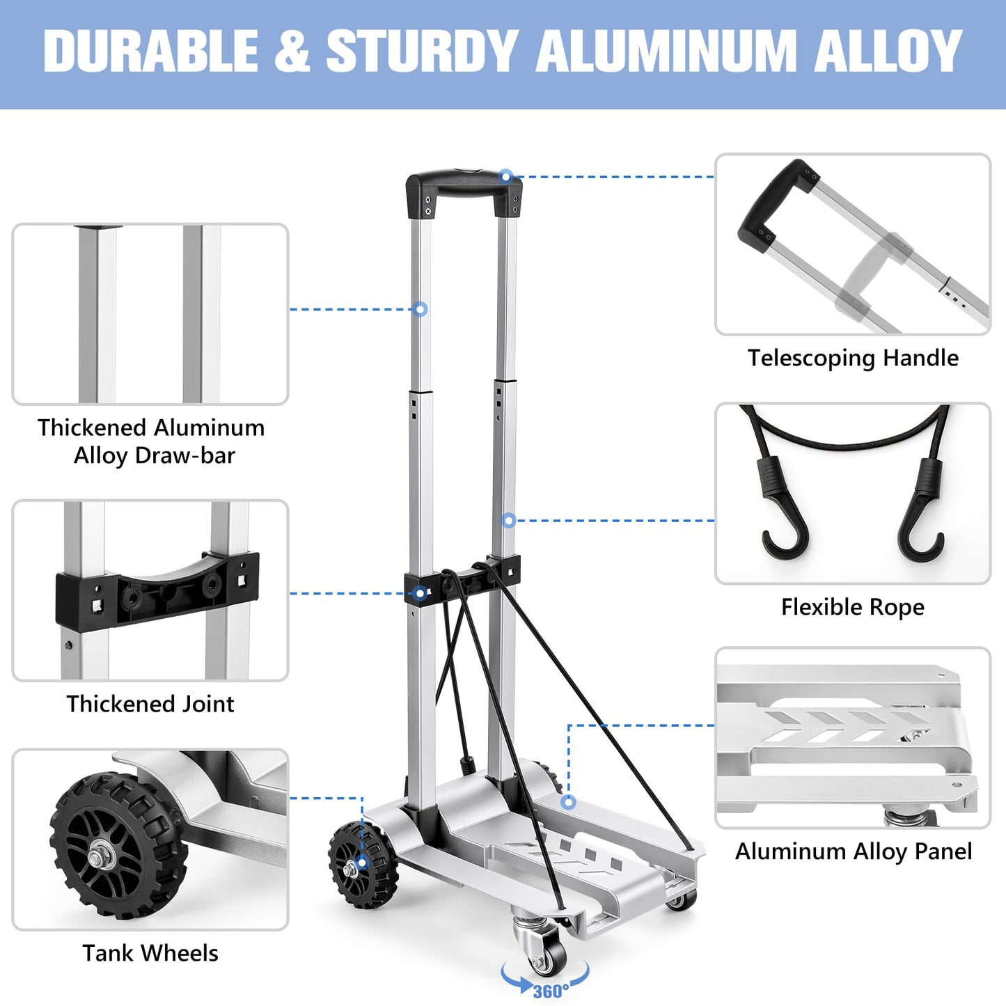 KEDSUM 270LBS Utility Luggage Cart with 4 Wheels, 100% Aluminum Hand Truck Dolly, Folding Hand