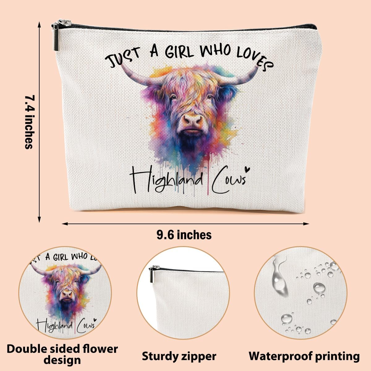 Highland Cow Gifts for Women, Western Makeup Bag Highland Cow Print Stuff Cosmetic Bag Travel Organizer Bags Makeup Pouch, Christmas Birthday Animal Lovers Gifts for Women Girls Friends