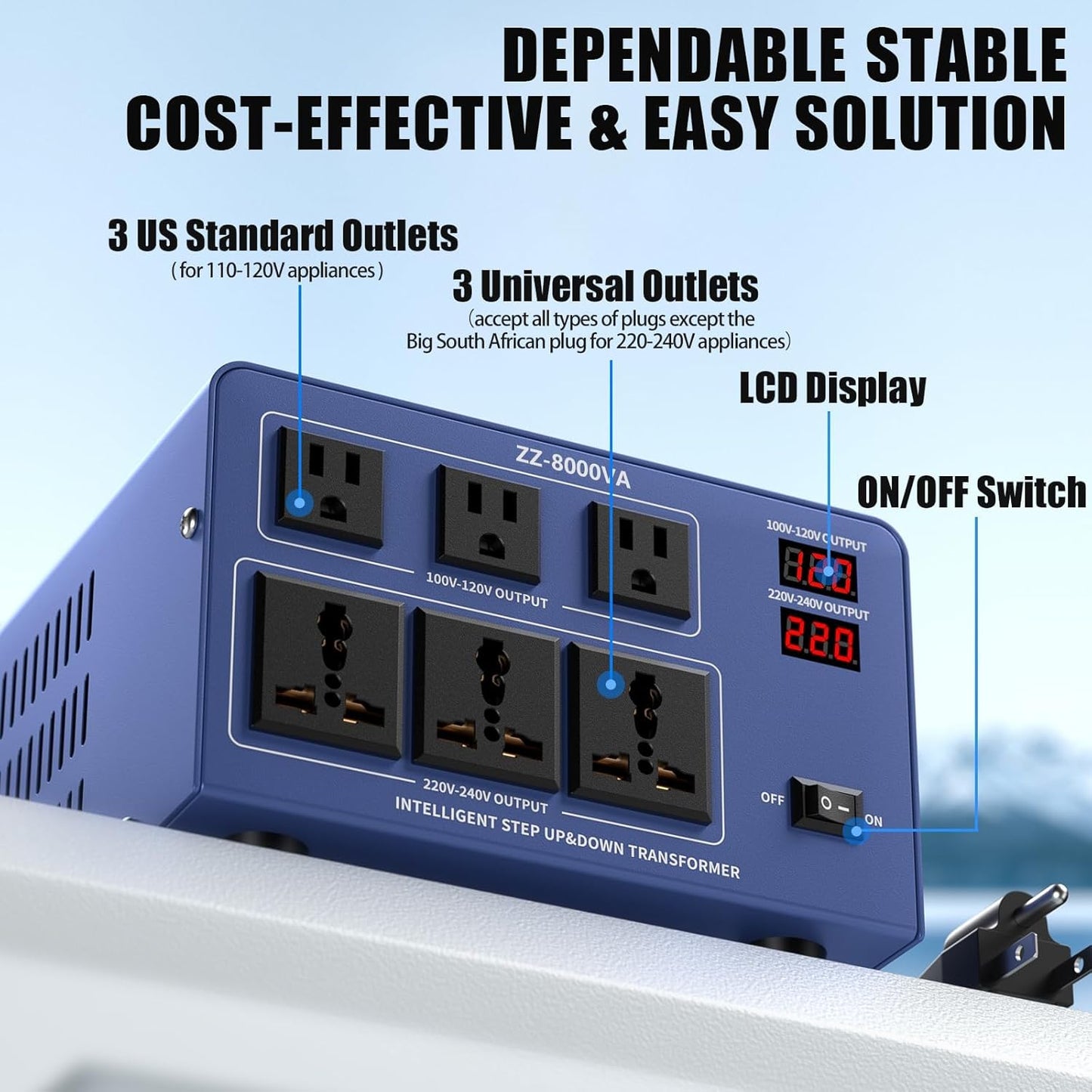 8000W Voltage Converter Auto Transformer,110/120/220/240V Heavy Duty Step Up/Down Power Converter Transformer with 3 US Outlets,3 Universal Outlets, LCD Display,Resettable Circuit Breaker Protection