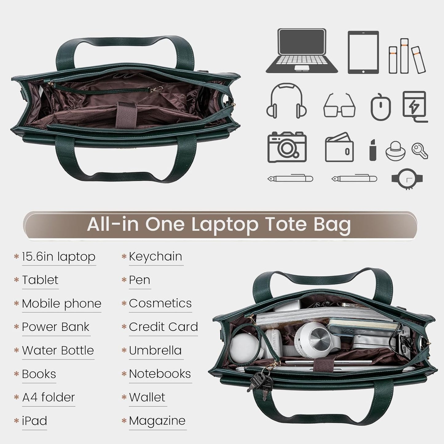 LOVEVOOK Laptop Bag for Women 15.6 Inch Tote Work Professional Leather Computer Briefcase Waterproof Handbag Shoulder Large Capacity Business Teacher Office Crossbody Purse, 131# Dark Green