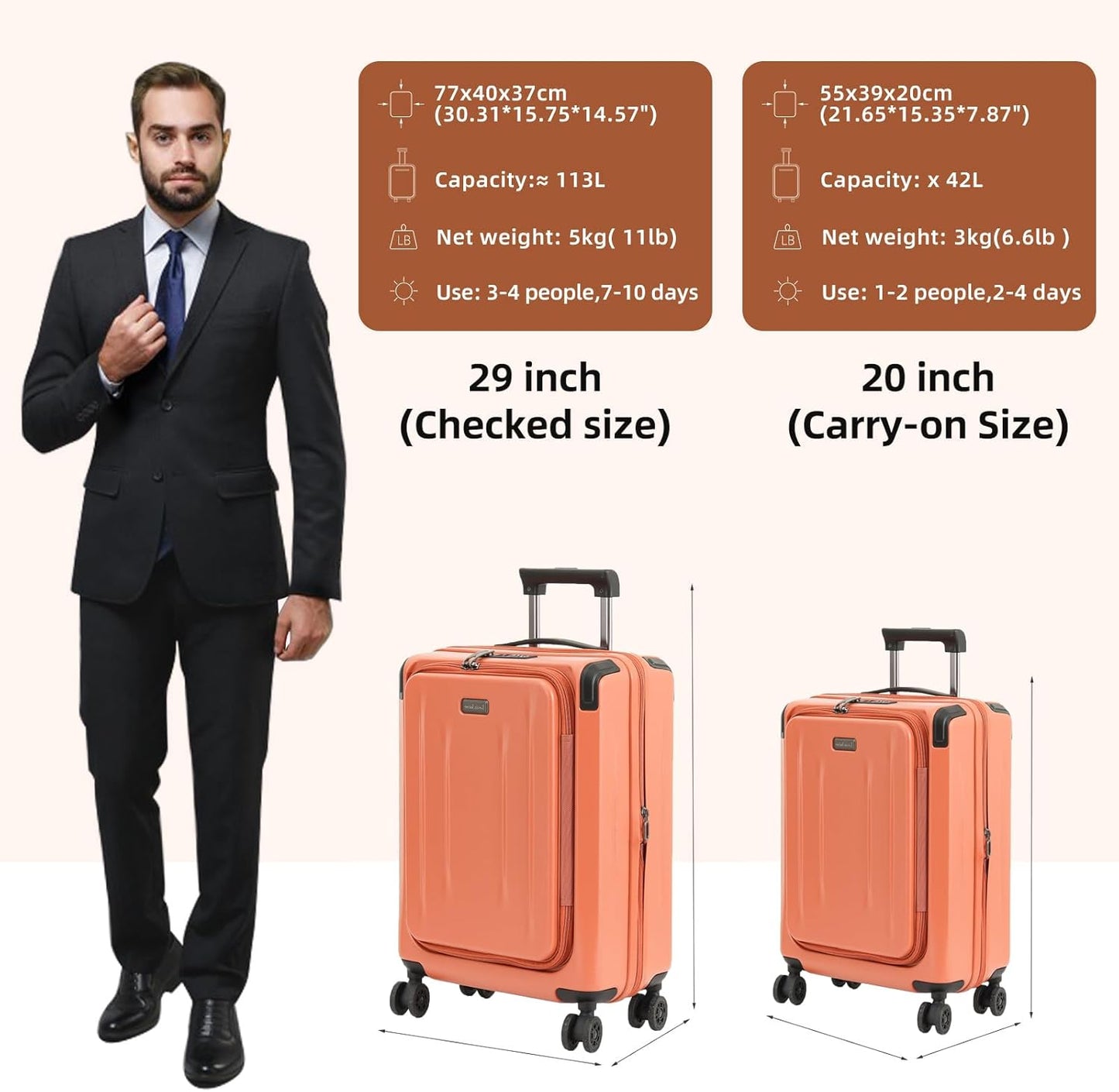 Carry On Luggage, 20Inch & 29 Inch Top Opening Airline Approved ABS+PC Hard Shell Suitcases with Silent Wheels, TSA Lock,Front Pocket and Wet-dry Separated Six-piece Set (AD Orange)