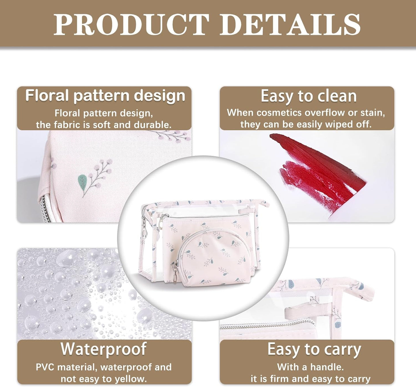 Richeart Makeup Bag, Clear Bag with Zipper, 3PC Floral Flowers Makeup Pouch, Waterproof Small Pouch, Portable Travel Toiletry Bag, E
