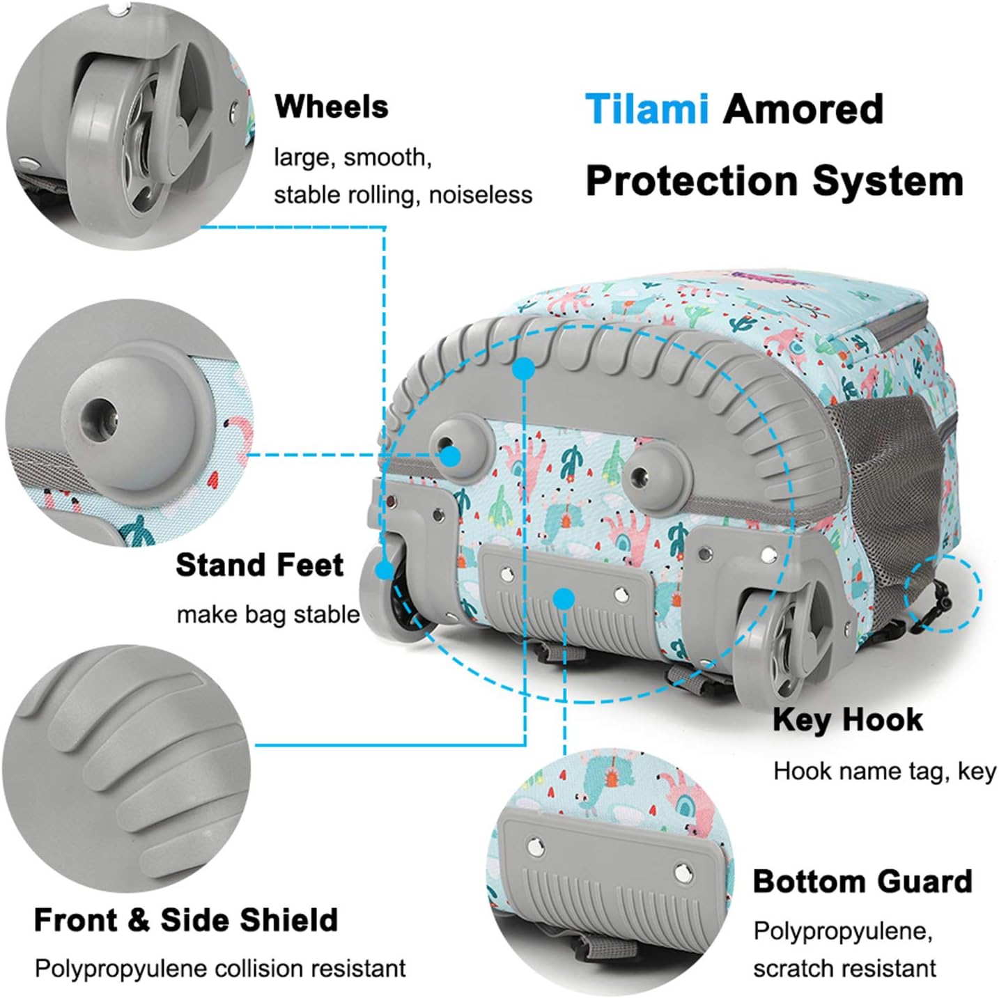 Tilami Rolling Backpack 19 inch Wheeled Cute LAPTOP Boys Girls Travel School Student Trip (Alpaca)