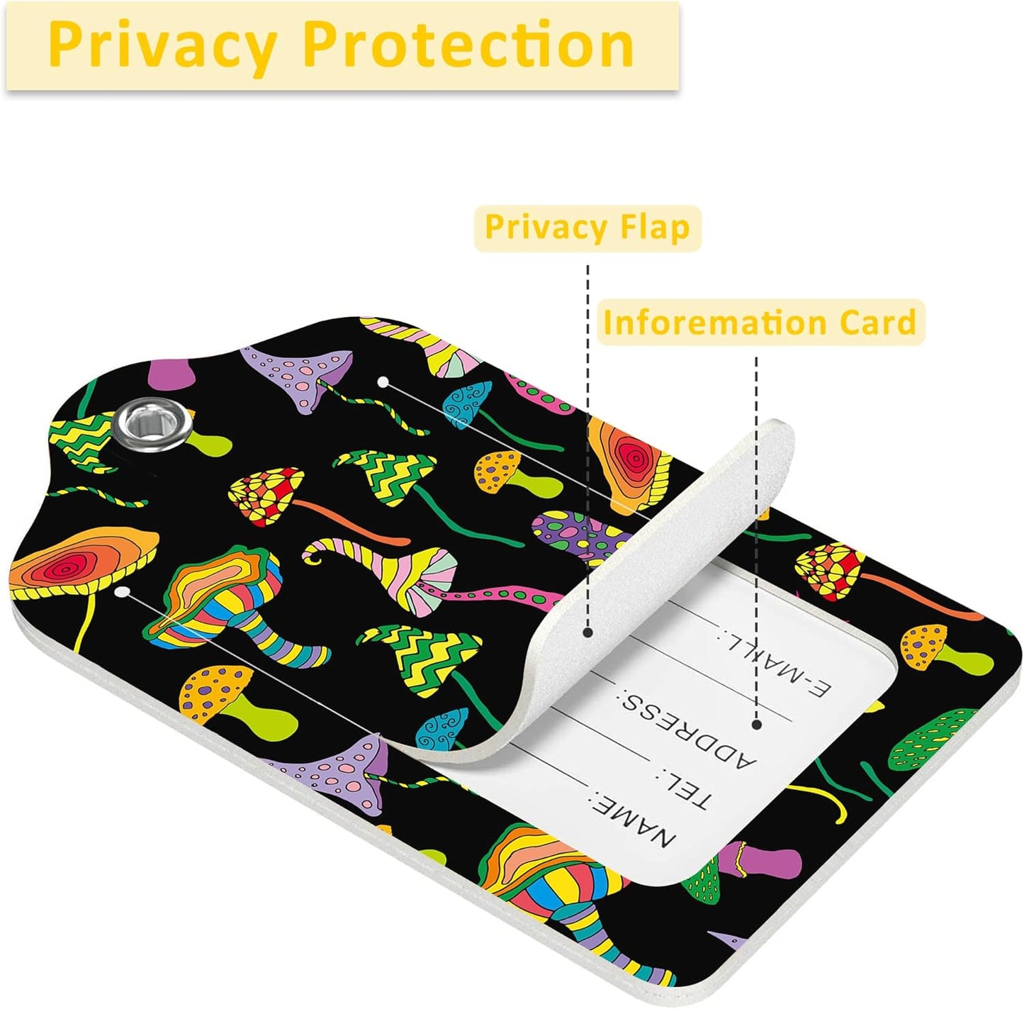 2 Pack Luggage Tags for Suitcases,Fantastic Mushrooms Luggage Tag,PU Leather Id Label Luggage Tags with Stainless Steel Loop and Privacy Cover for Women Men Teens Travel