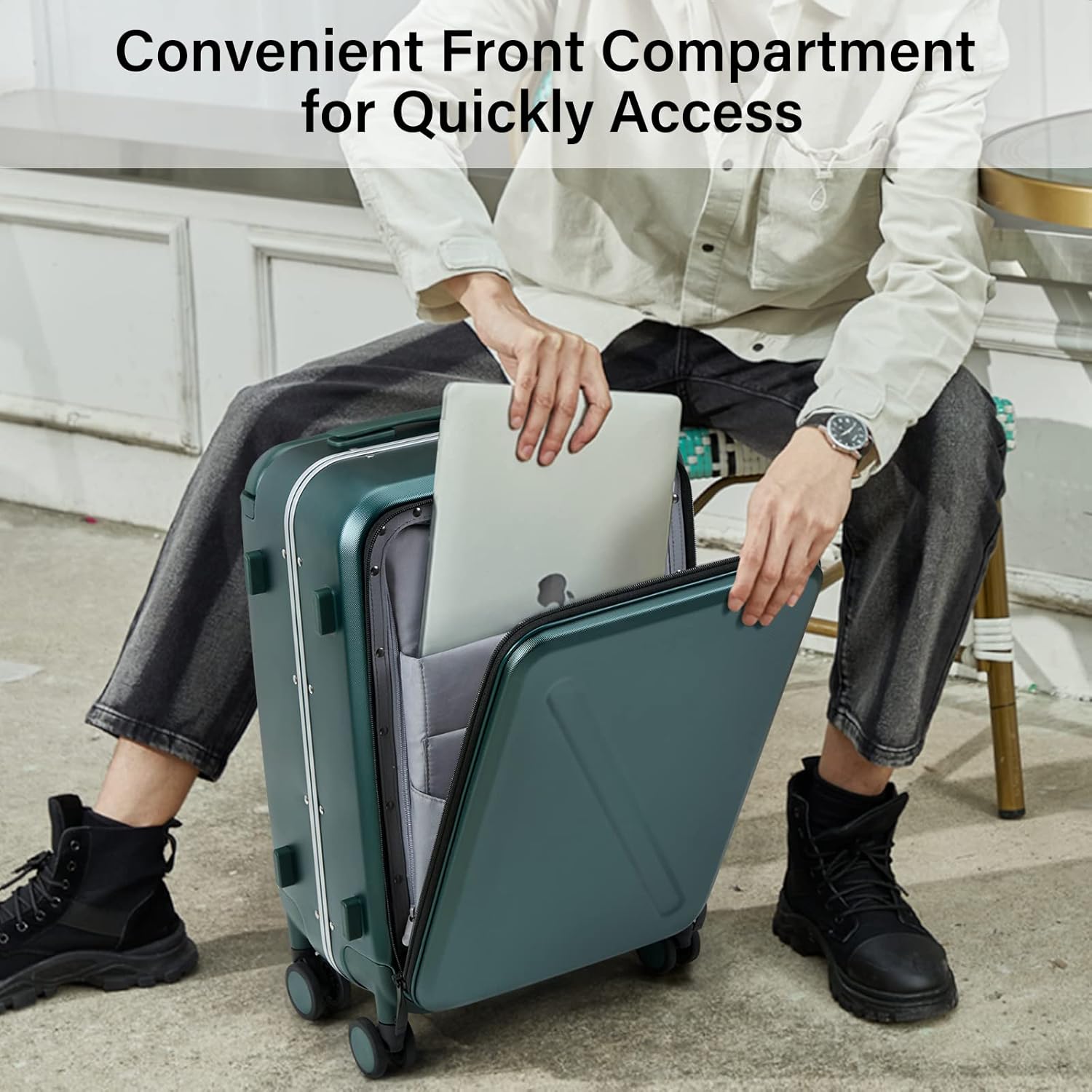 MILADA Wide Handle Carry On Luggage with Front Pocket Hardshell 20 Inch Front Opening Luggage with