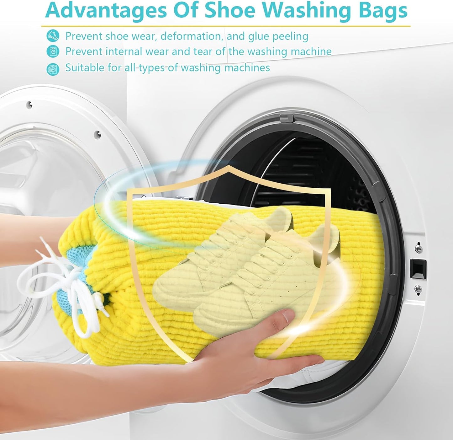 2Pcs Shoe Washing Machine Bag, Reusable Shoe Laundry Bag, Sneaker Washing Machine Bags, Shoe Cleaning Wash Bag with 360° Cleaning Fibers & Adjustable Drawstring, Fits Most Shoes Washer (Yellow)