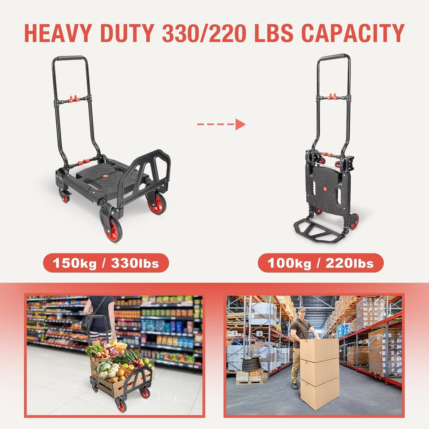 330LB Folding Hand Truck Heavy Duty Carrying, Combination of 4 Wheels & 2 Casters Convertible Dolly Cart with Retractable Handle Dolly for Moving Office Carts