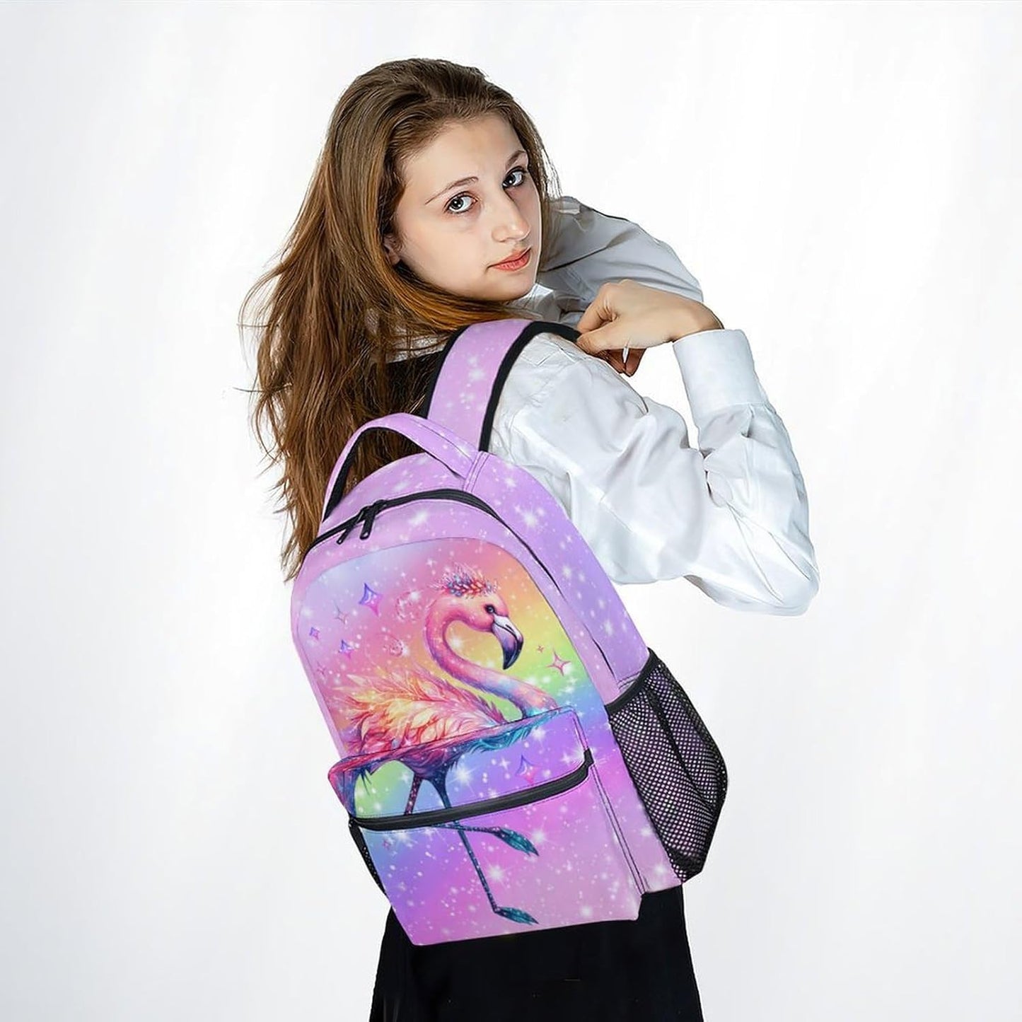 Kids Backpack, Flamingo Backpacks for Girls, 17" Bookbag for Preschool Kindergarte Elementary, Cute Rainbow School Bag for Toddler
