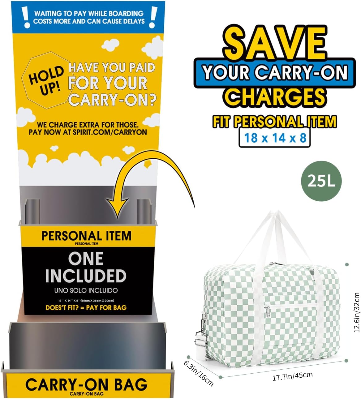 For Spirit Airlines Personal Item Bag 18x14x8 Foldable Travel Duffel Bag Tote Carry on Luggage