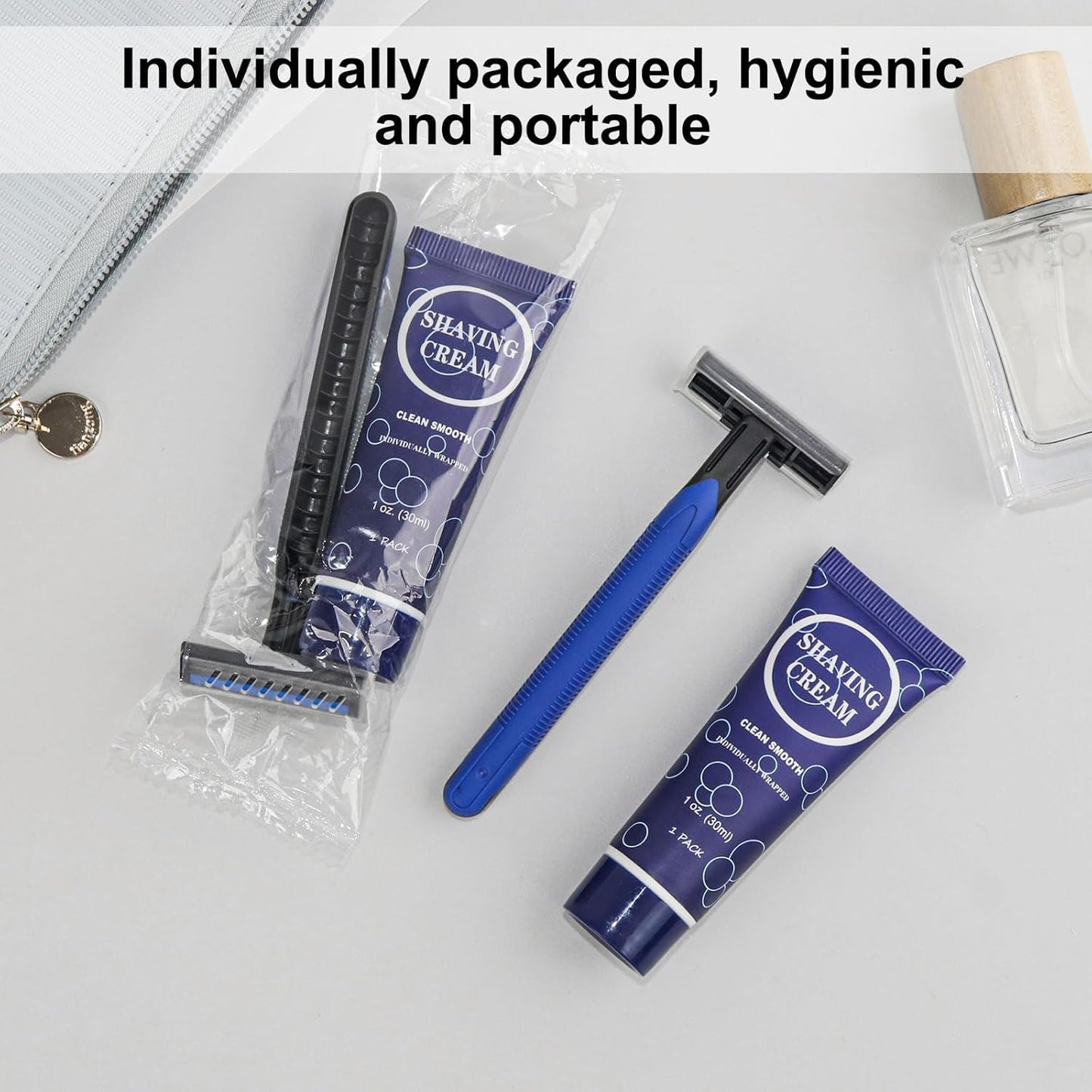 Shaving Razor Set, Disposable Individually Wrapped Manual Twin Blade Razors in Bulk Smooth Shaving Razors with Mini Shaving Cream Toiletries for Hotel Charity Camping Travel Homeless 1oz (Pack of 30)