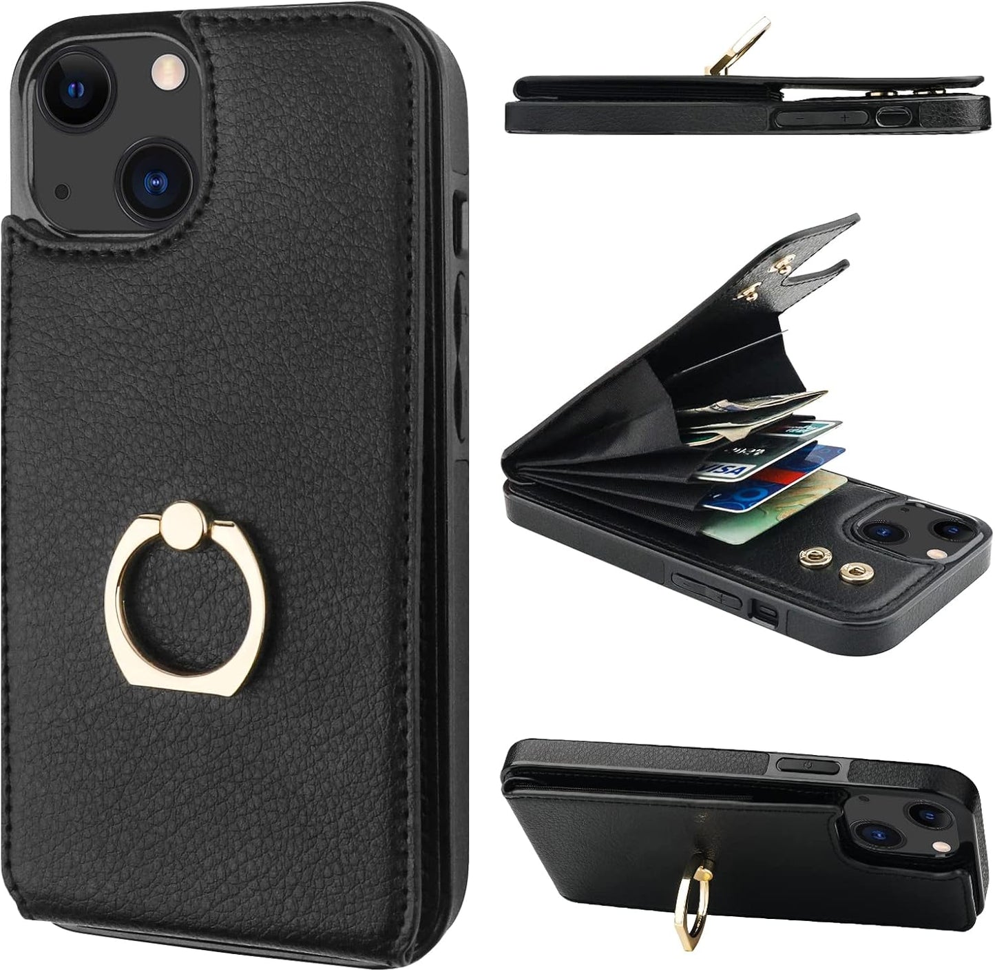 Folosu Compatible with iPhone 14 Case Wallet with Card Holder, 360°Rotation Finger Ring Holder Kickstand, RFID Blocking Leather Protective Double Buttons Shockproof Cover 6.1 Inch Black