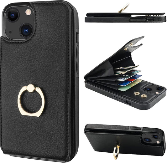Folosu Compatible with iPhone 14 Case Wallet with Card Holder, 360°Rotation Finger Ring Holder Kickstand, RFID Blocking Leather Protective Double Buttons Shockproof Cover 6.1 Inch Black