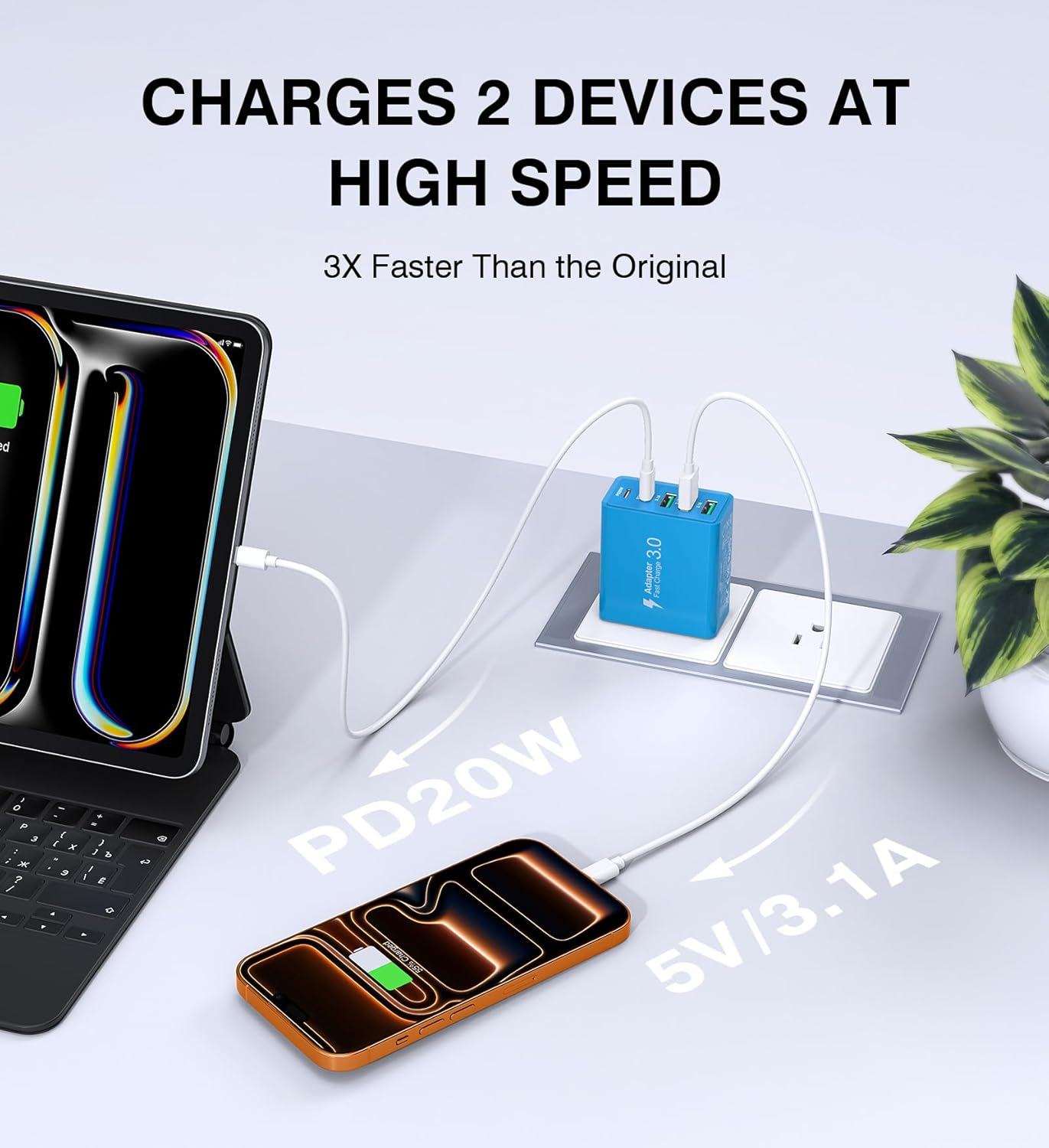 [2-Pack] USB C Wall Charger, 60W USB C Charger Block 5-Port PD Fast Charging Blocks,2USB C+3USB A Multiport Plug,Type C Power Adapter Brick Cube for iPhone17/16/15/14/Pro,iPad,Samsung,for Switch（Blue）