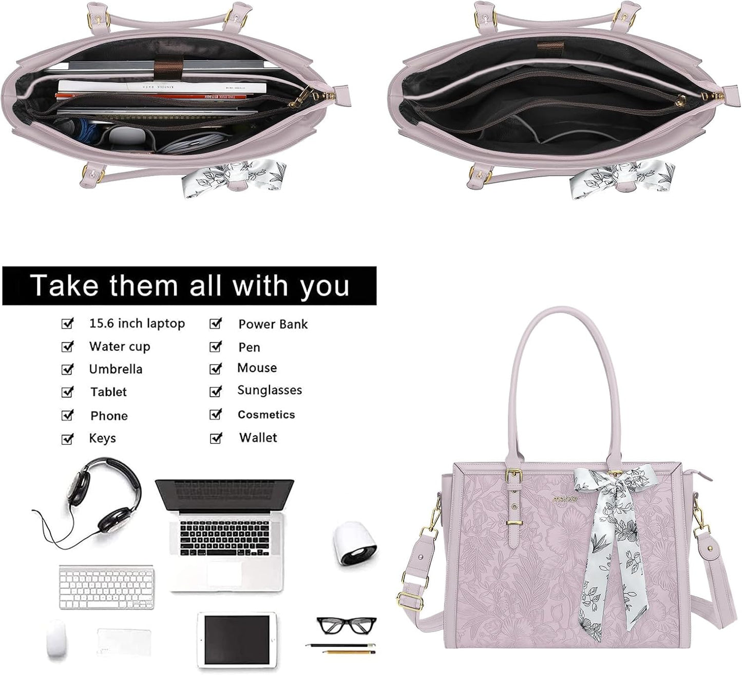 MOSISO Laptop Bag for Women, PU Leather Tote Bag, Front Embossed Retro Hibiscus Computer Bags with