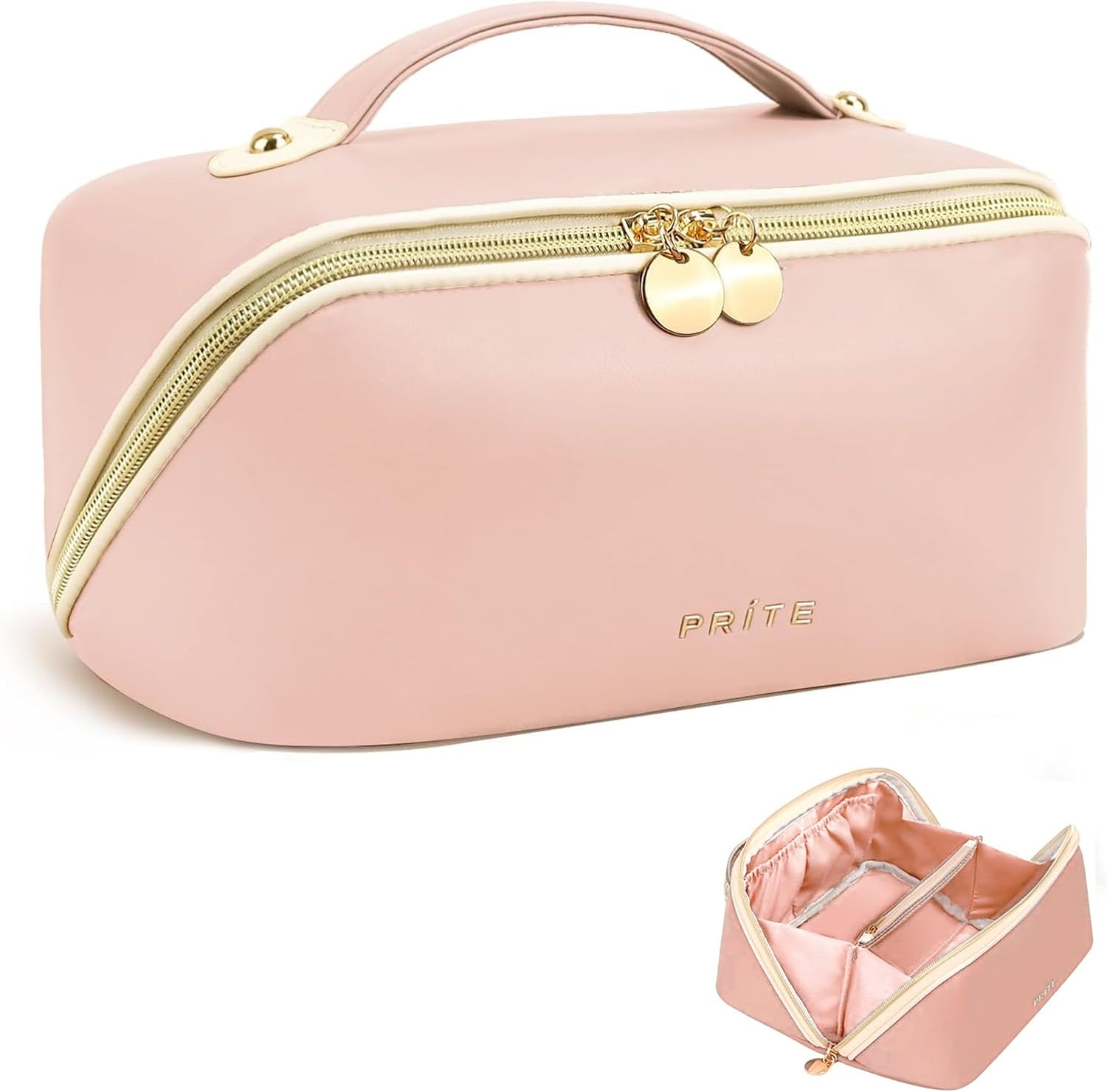 Prite Makeup Bag for Women Travel Waterproof Vegan Leather Cosmetic Bag Open Flat Toiletry Bag With