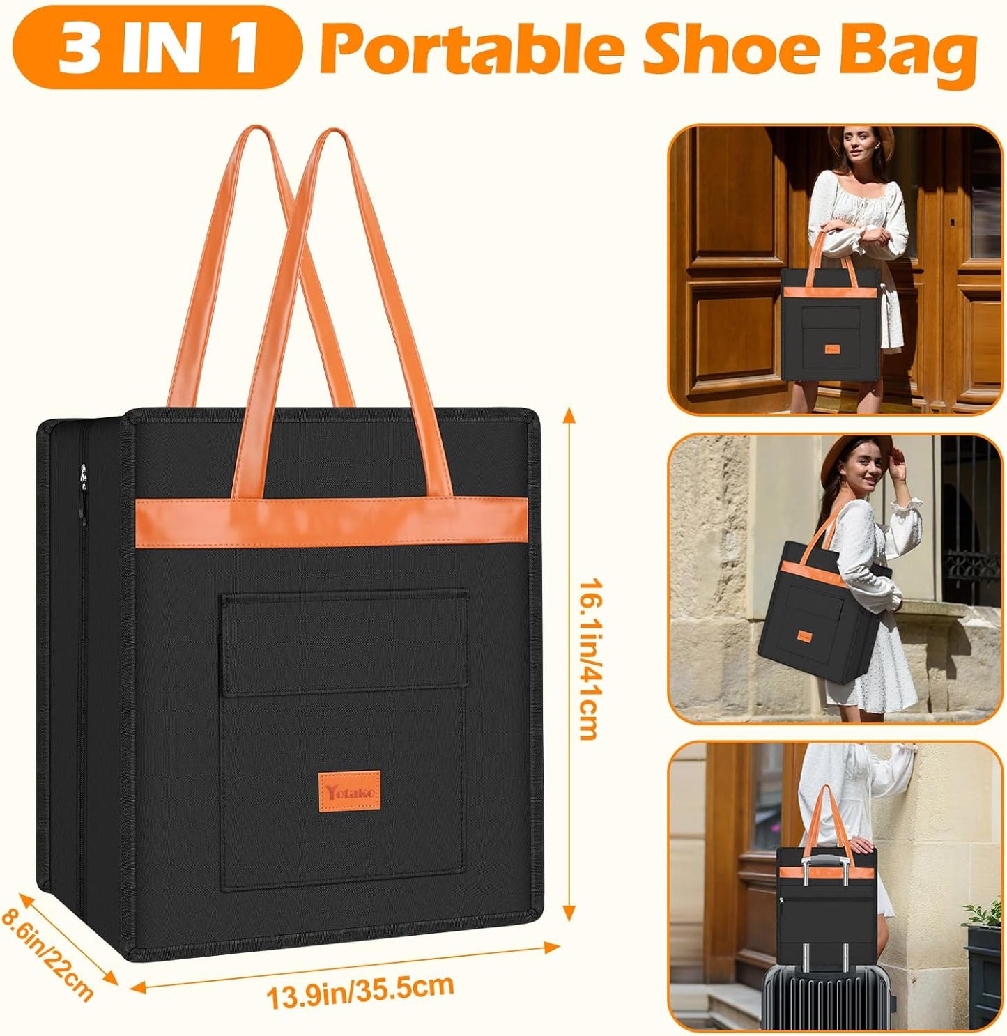 Yotako Shoe Bag for Travel with Leathers Handle,Portable Shoe Organizer with Pockets,3 in 1 Hanging Luggage Shoe Storage Bag,Travel Shoe Bag for Women Men Fit 6 PCS Shoes,Black