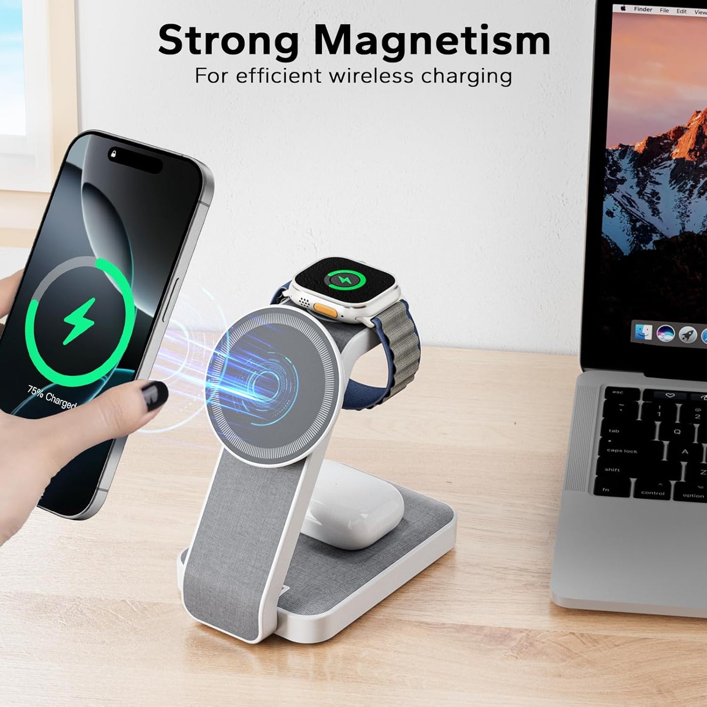 3 in 1 Foldable Wireless Travel Charging Station for MagSafe, Nightstand Magnetic Charger Stand for iPhone 17 16 15 14 Pro Max, Charging Dock with Night Light for Apple Watch/AirPods (White)