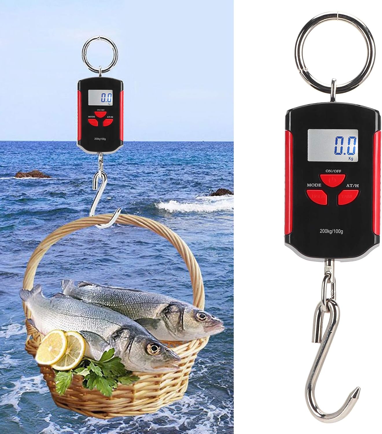 Digital Fish Scale, 200kg Digital Hanging Scale with Hook Backlit LCD Display Travel Accessories for Portable Hanging Baggage (Red)