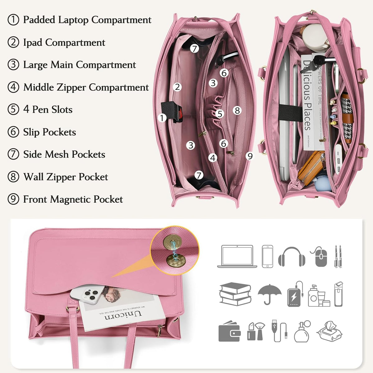 RAINSMORE Laptop Bag for Women 15.6 Inch Work Tote Bags Leather Laptop Tote Waterproof Computer Bag