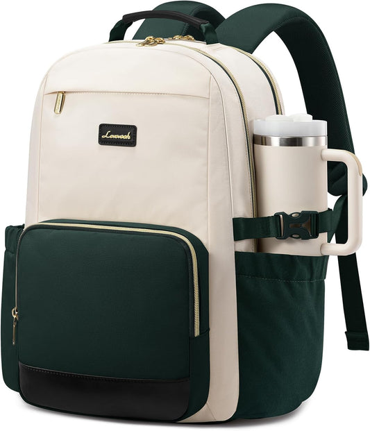LOVEVOOK Laptop Backpack for Women with Pouch Pocket for Large Capacity Cup,15.6 Inch Teacher Nurse College Work Backpack Purse,Waterproof Laptop Bag Computer Back Pack for Travel, Beige-Green-Black
