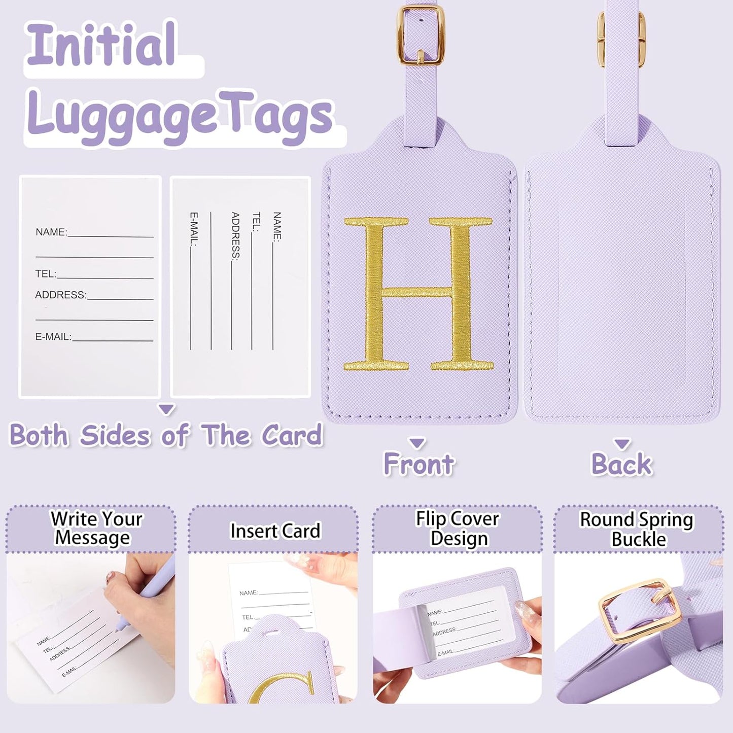 Initial Luggage Tags for Suitcases, Cute Embroidered Letter Luggage Bag Suitcase Identifier Name Baggage Tag, PU Leather Travel Luggage Tags, Bag Tags for Men Women Kids Luggage Handbags(Purple H)