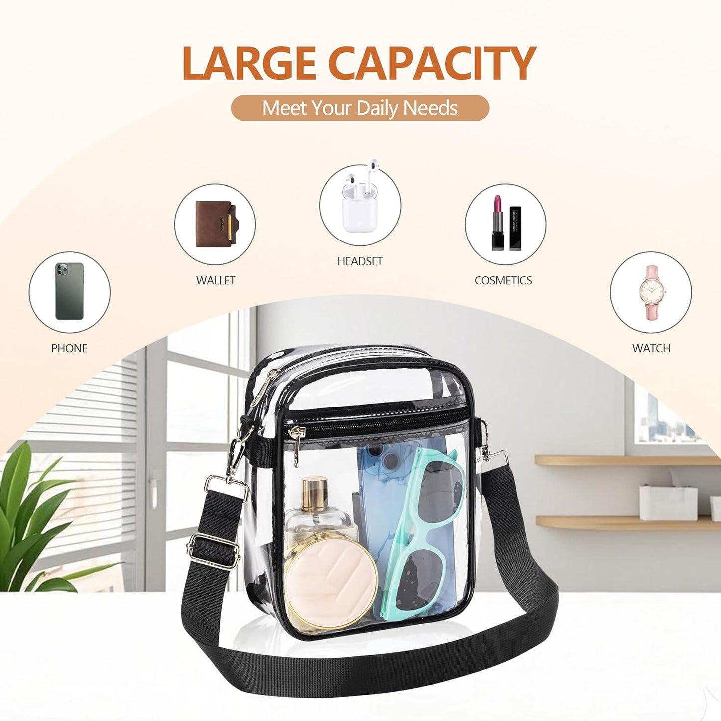 Clear Bag for Stadium Events, Clear Purse with Removable Strap, Messenger Bag for Concert Work Sports and Fetivals