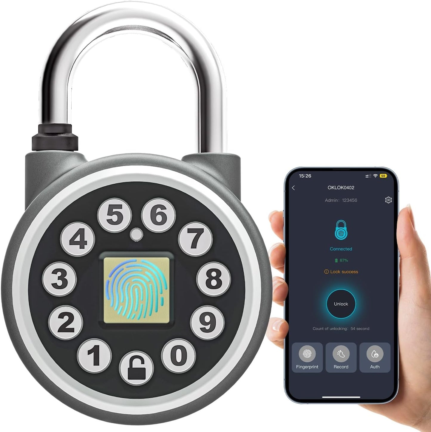 SFW Smart Bluetooth Fingerprint Padlock, Water Resistant, Silver, Suitable for Gyms, Sports Facilities, Bicycles, Schools, Luggage, Lockers