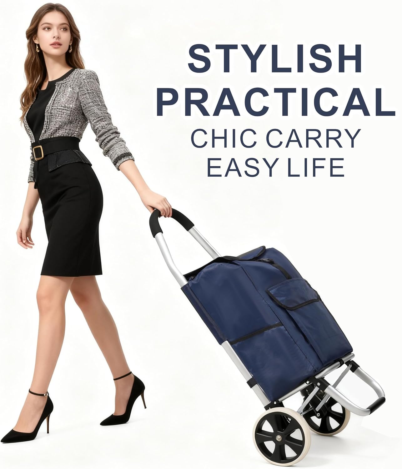 Heavy Duty Foldable Shopping Trolley with Wheels Oxford Waterproof Cart Removable Bag for Groceries Laundry Travel (Blue-2 Wheels)
