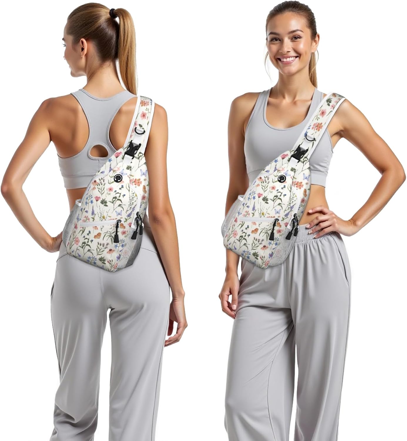 Beige Watercolor Floral Sling Bag Crossbody Chest Bag for Women Men, Water Resistant Lightweight Casual Crossbody Bag with Adjustable Strap, Travel Hiking Daypack Shoulder Backpack