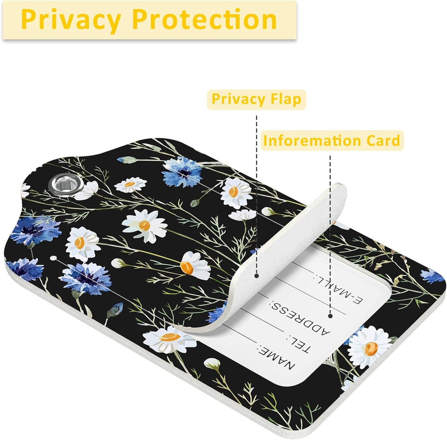 2 Pack Luggage Tags for Suitcases,Watercolor Daisy Luggage Tag,PU Leather Id Label Luggage Tags with Stainless Steel Loop and Privacy Cover for Women Men Teens Travel