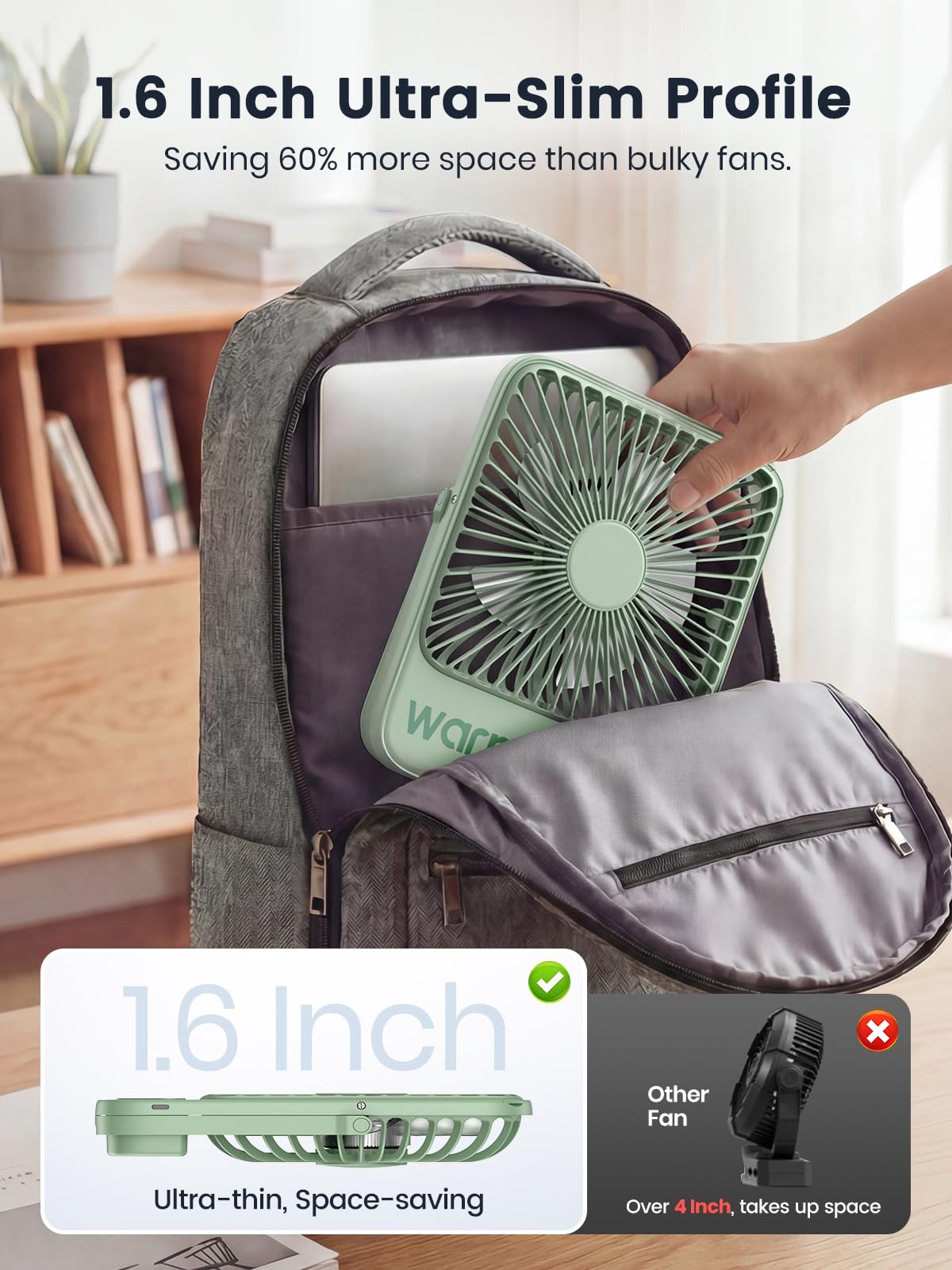 Warmco D3 Portable Travel Fan 10000mAh, Ultra-Slim, 24H Runtime