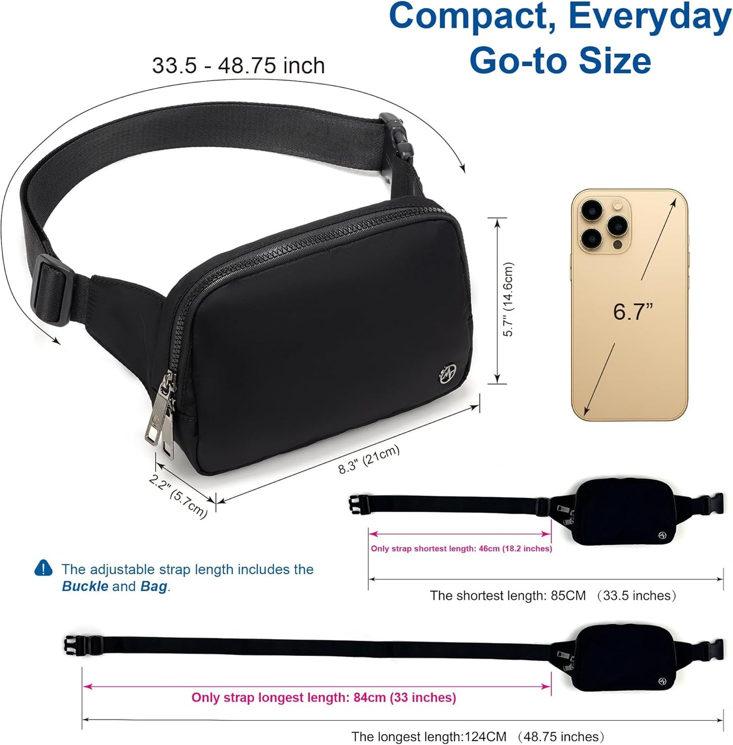 Pander Belt Bag Large 2L, Nylon Fanny Pack Purse for Women and Men with Adjustable Strap