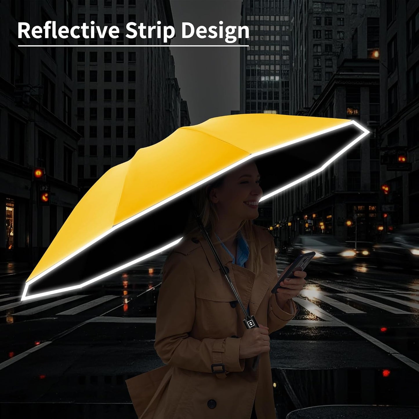 Seniny Travel Umbrella with Carabiner Handle, Windproof Large Umbrellas for Rain with Dual-Rib Structure, Portable Compact Umbrella with Reflective Strip, Car Backpack UV Umbrellas for Sun Protection