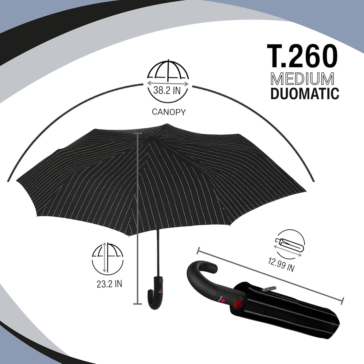 Knirps T.260 Medium Automatic Open Close Rain Umbrella with Curved Handle and Carrying Case - Compact Windproof Travel Umbrellas for Adults, 97cm Diamteter