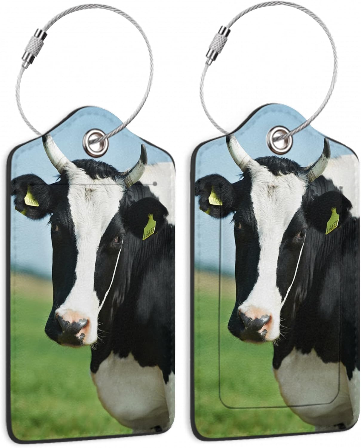 Cow Luggage Tags Set of 2 Black White Cattle Leather Suitcase Tags with Stainless Steel Loop and Privacy Cover for Women Men Travel Luggage Accessories