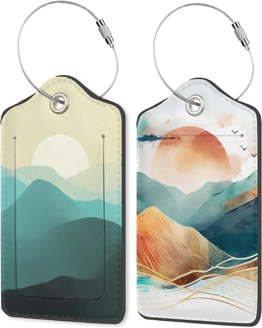 Abstract Mountains 2 Pack PU Leather Luggage Tags with Stainless Steel Loop, Watercolor Sunset and Mountains Travel Labels with Privacy Cover ID Label for Quick Spotting