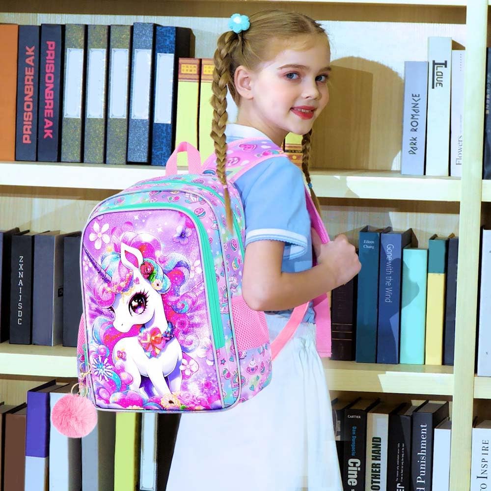 3PCS Unicorn Backpack for Girls, Water Resistant Kids Bookbag Set with Lunch Box，Cute Elementary School Bag for Preschool Toddler